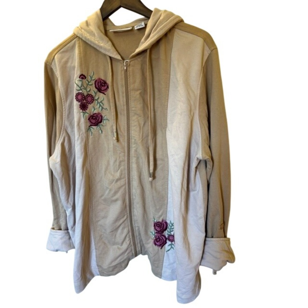 Country Store Floral Embroidered Zip Up Hoodie Tan Cream Colorblock 2X